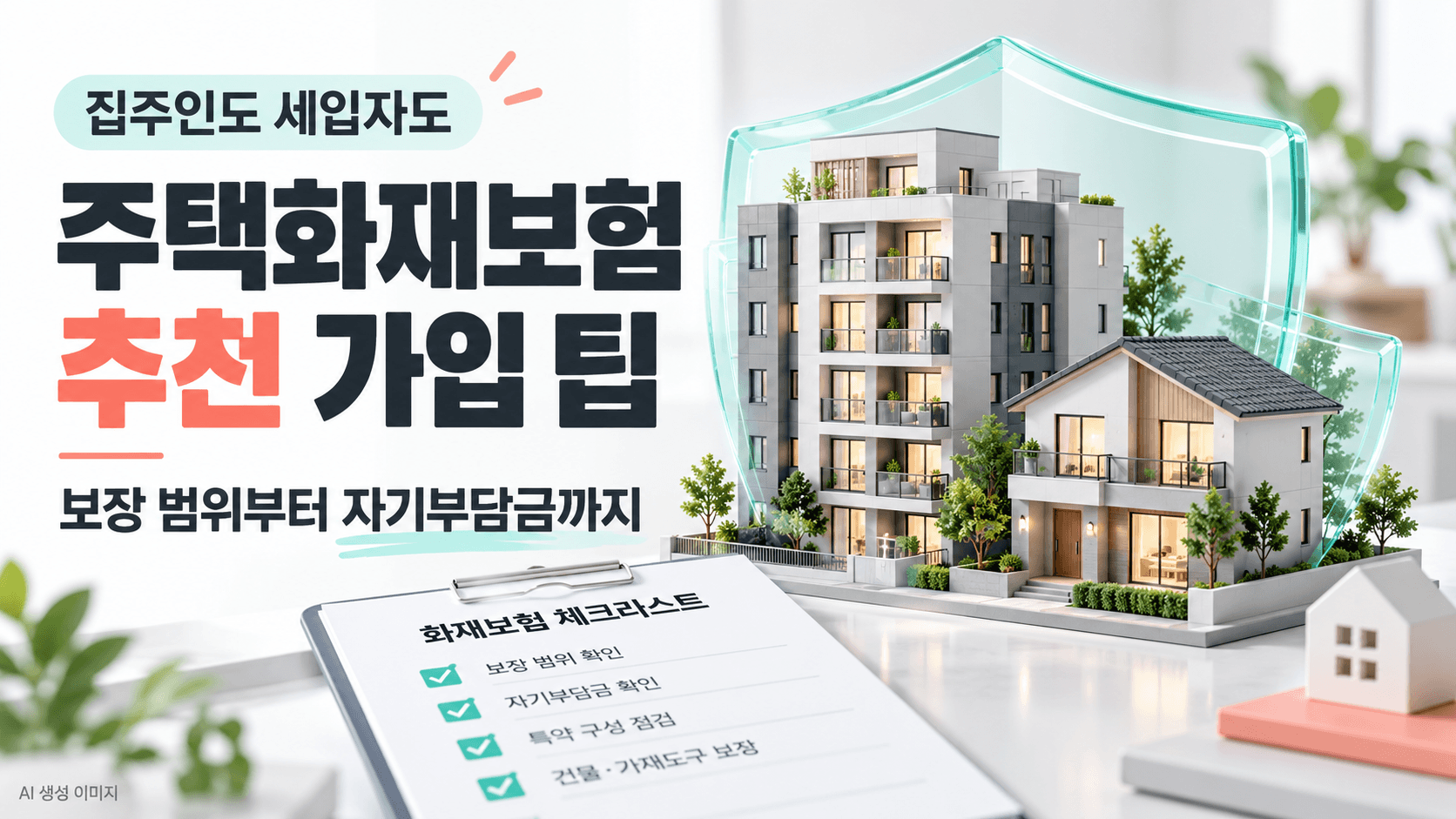 주택화재보험 추천 가입 팁 제목과 아파트 및 주택을 감싼 보호 방패와 보험 체크리스트를 표현한 AI 생성 개념 이미지