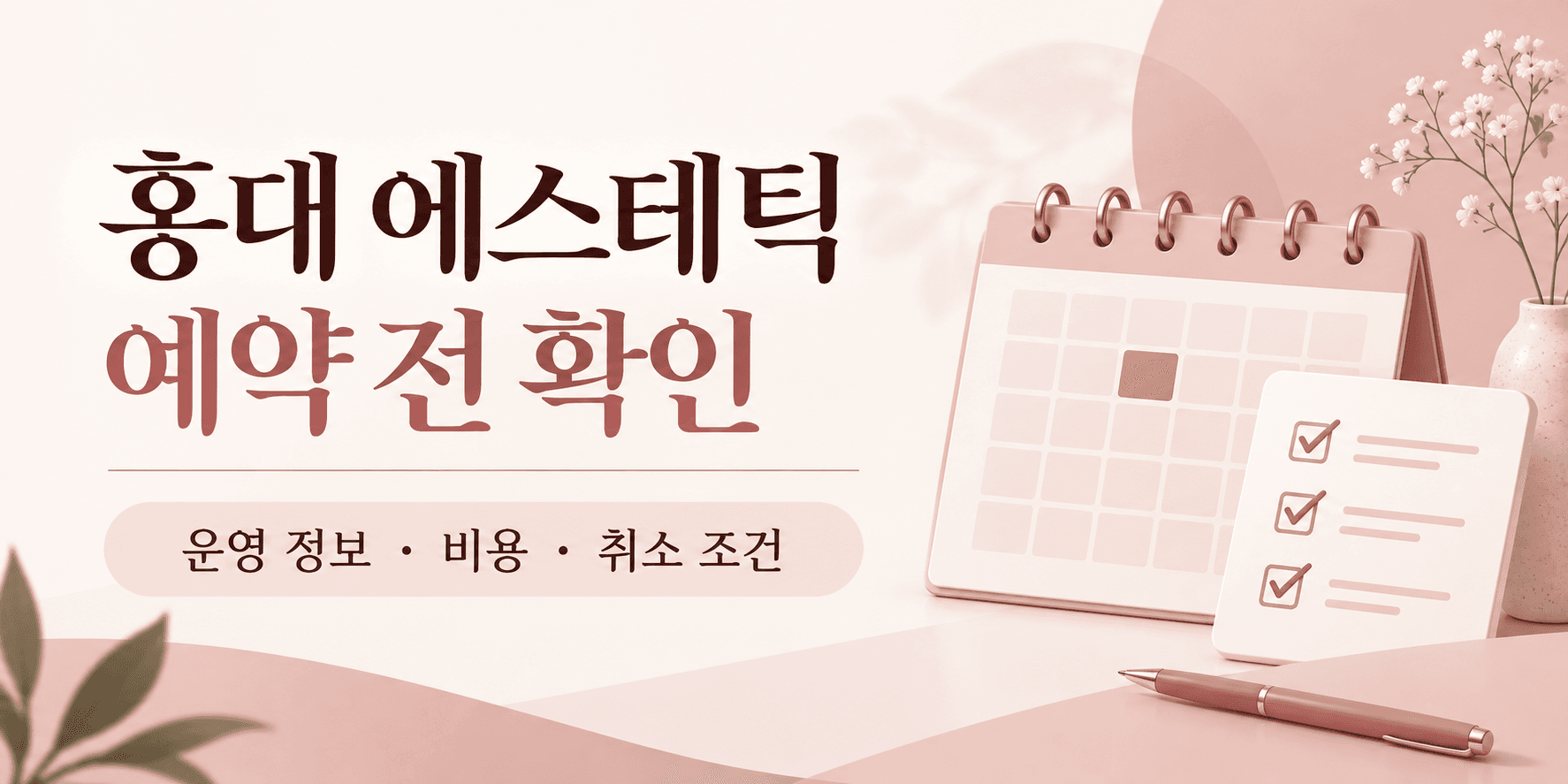 홍대 에스테틱 예약 전 운영 정보·비용·취소 조건 확인을 나타낸 AI 생성 삽화
