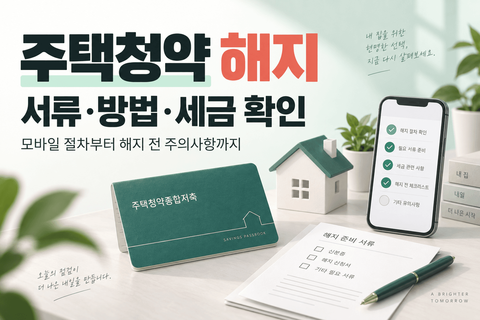 주택청약 해지 서류와 방법, 세금 확인을 안내하는 통장·스마트폰 AI 생성 일러스트