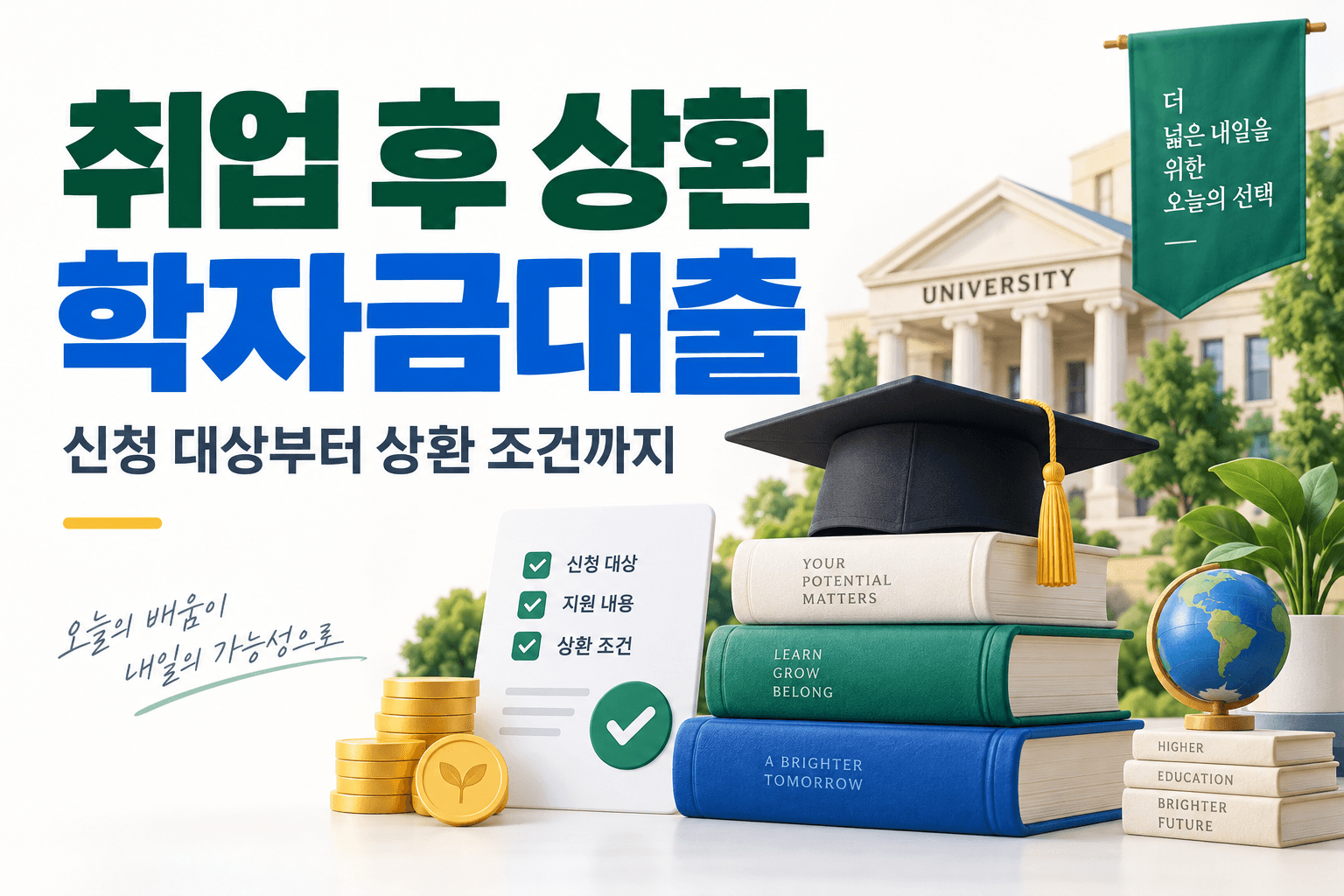 학사모와 책으로 신청 대상 및 상환 조건을 표현한 취업 후 상환 학자금대출 AI 생성 썸네일