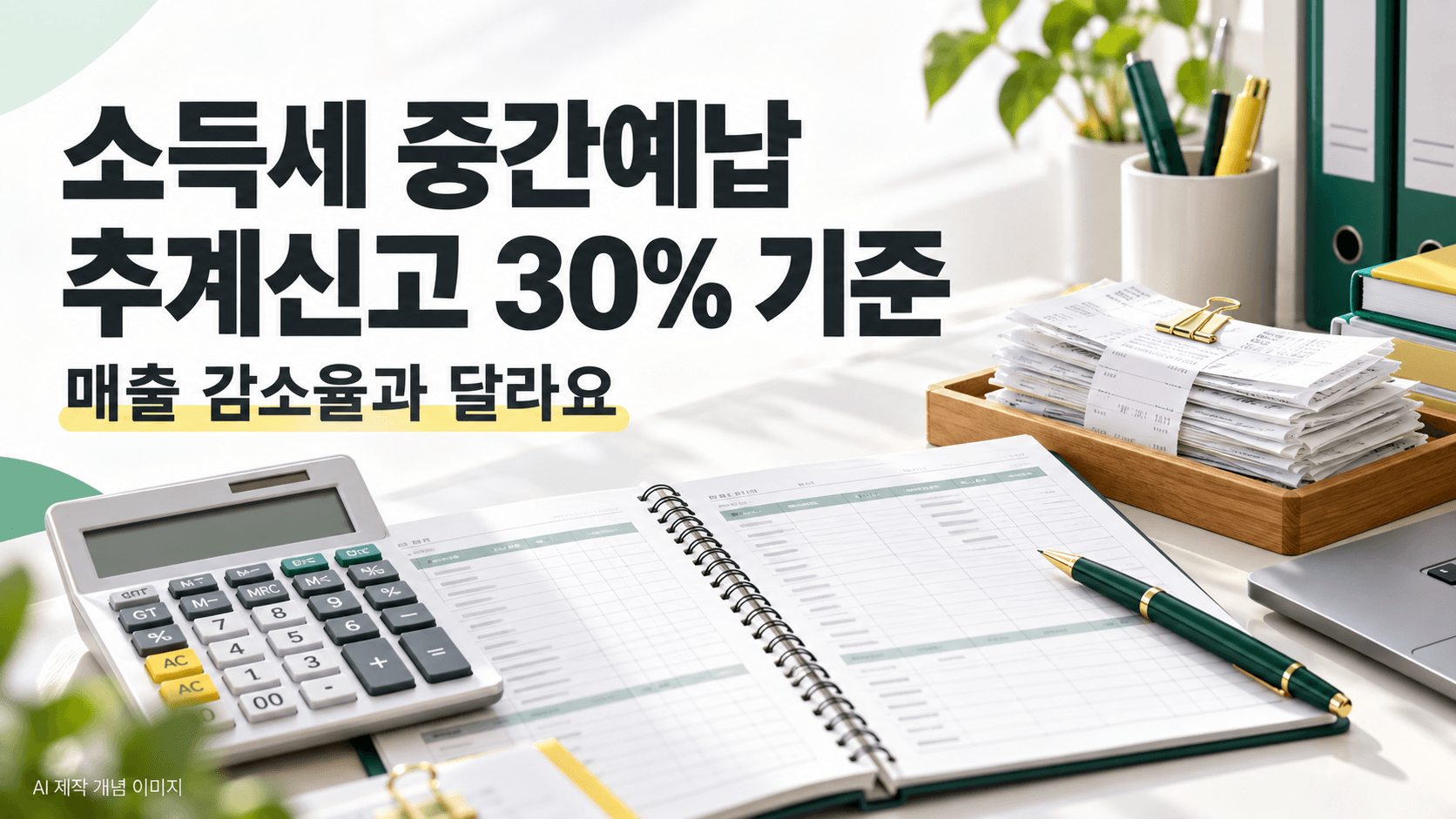 소득세 중간예납 추계신고의 30% 비교 기준을 설명하는 계산기와 장부 AI 제작 개념 이미지