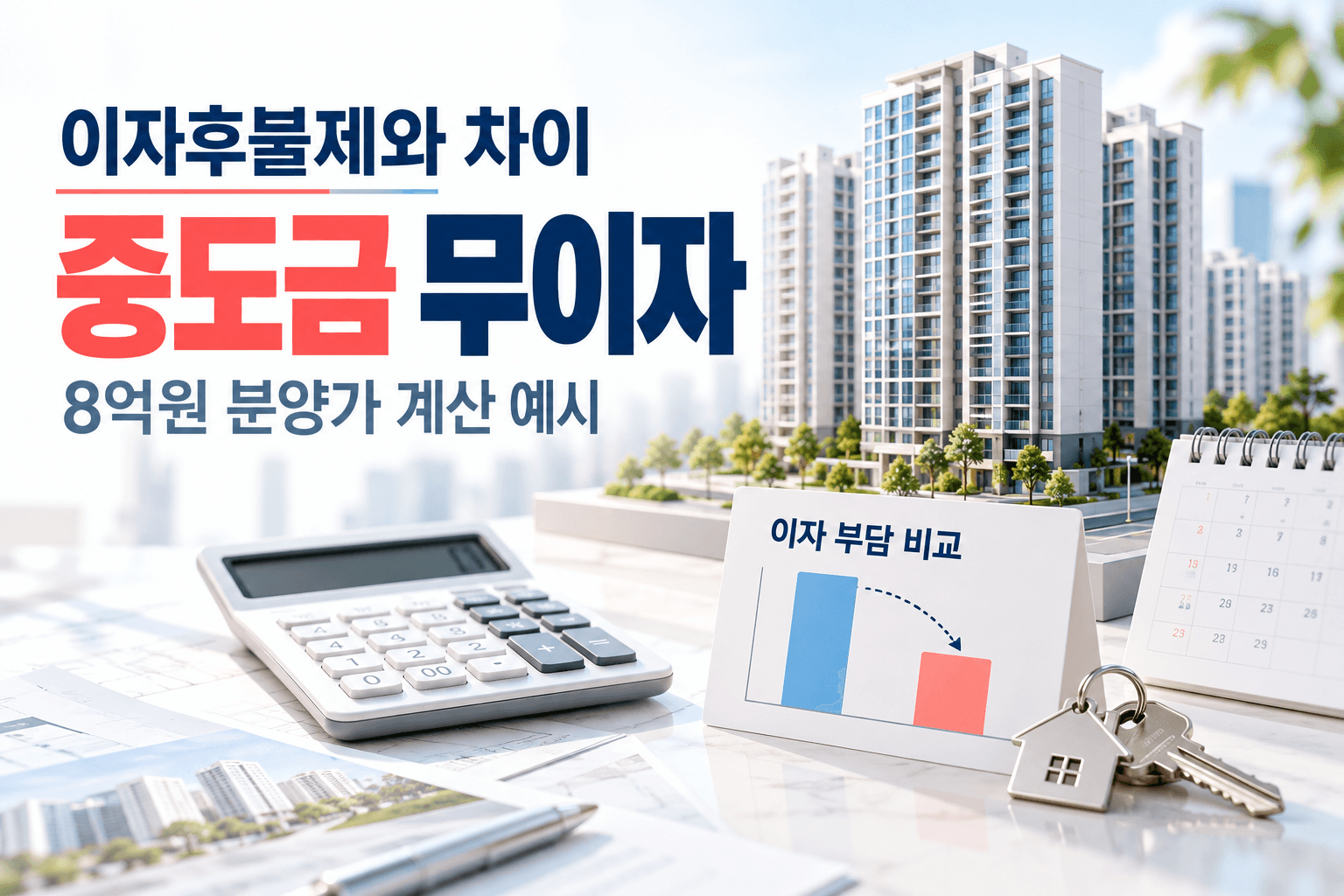 아파트 모형과 계산기로 중도금 무이자 및 이자후불제의 8억원 분양가 계산 예시를 표현한 AI 생성 썸네일