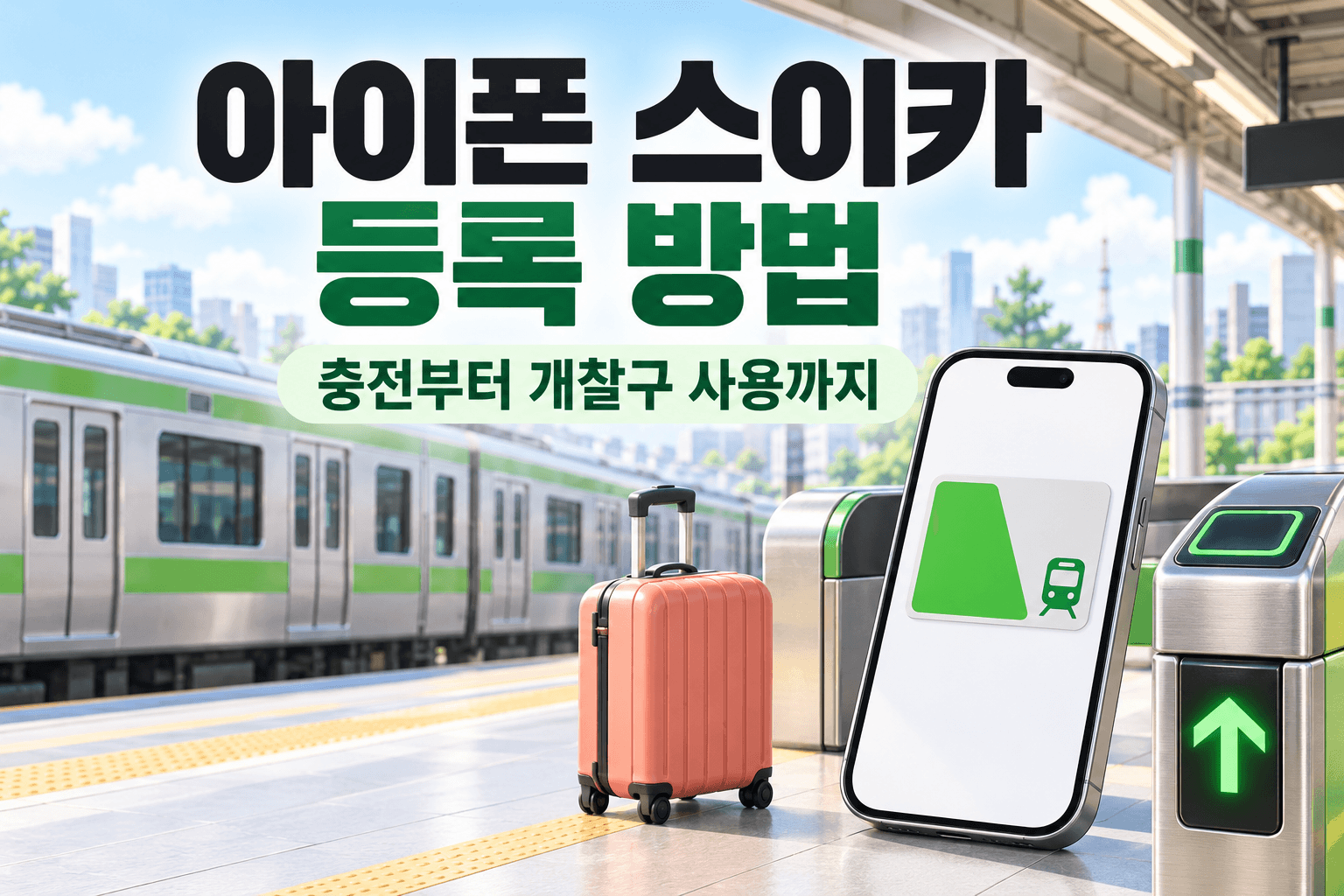 아이폰 스이카 등록 방법과 충전 및 개찰구 이용을 표현한 AI 제작 개념 이미지이며 실제 지갑 앱 화면이나 역 사진이 아님