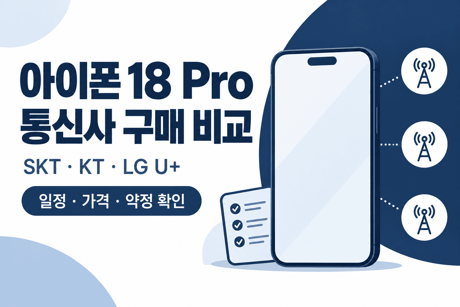 아이폰 18 Pro 통신사 구매 비교와 일정·가격·약정 확인 문구, 일반 스마트폰과 통신 아이콘을 표현한 AI 생성 일러스트. 실제 제품 외형이 아닙니다.