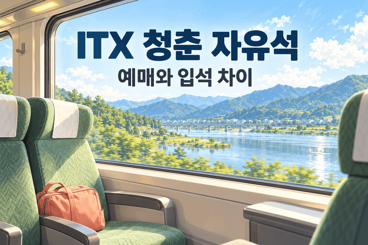 ITX 청춘 자유석 예매와 입석 차이를 주제로 기차 좌석과 창밖 풍경을 표현한 AI 제작 개념 이미지이며 실제 차량 사진이나 좌석 배치도가 아님