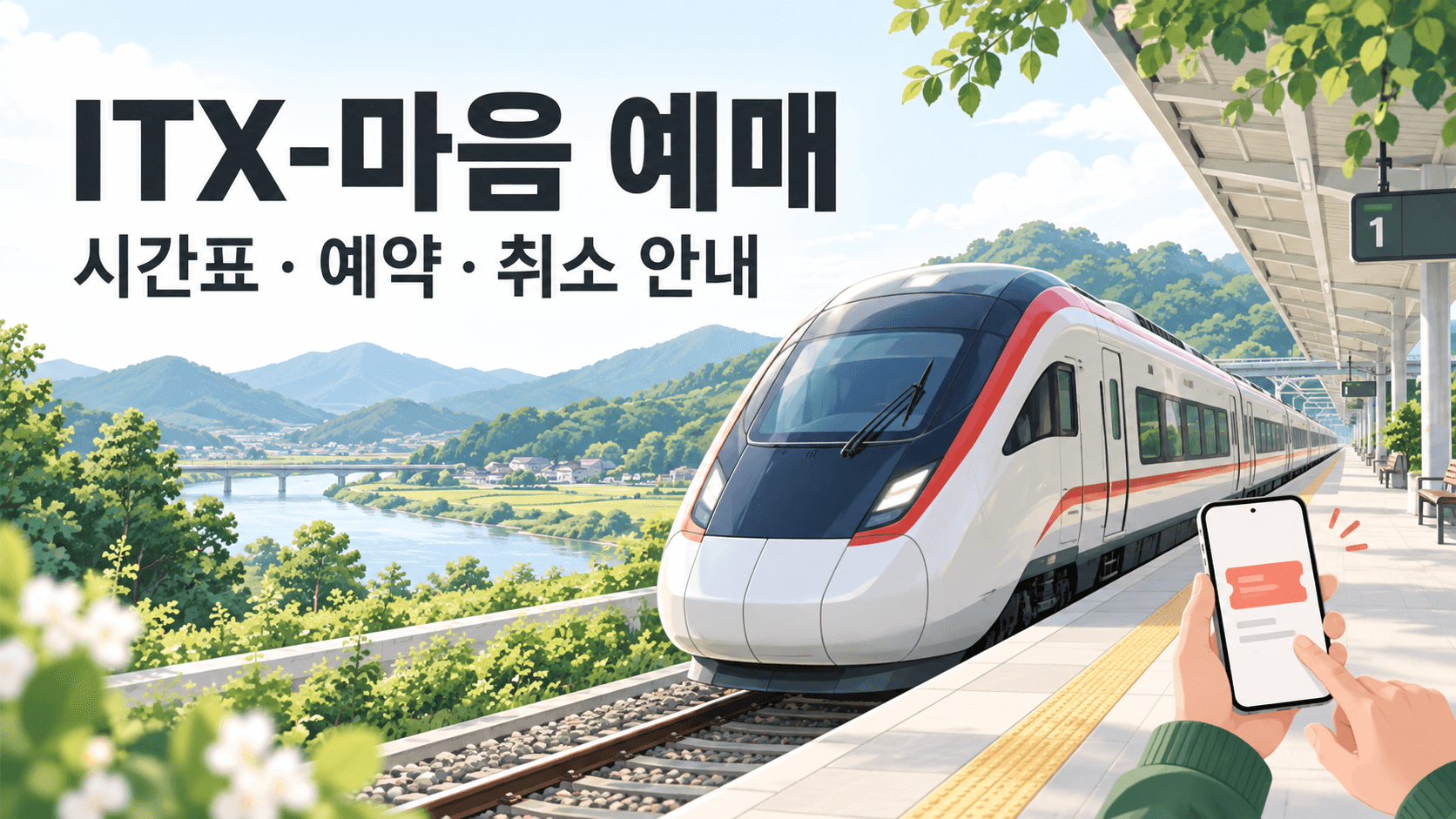 ITX 마음 예매와 시간표 예약 취소 안내를 표현한 AI 생성 열차 일러스트