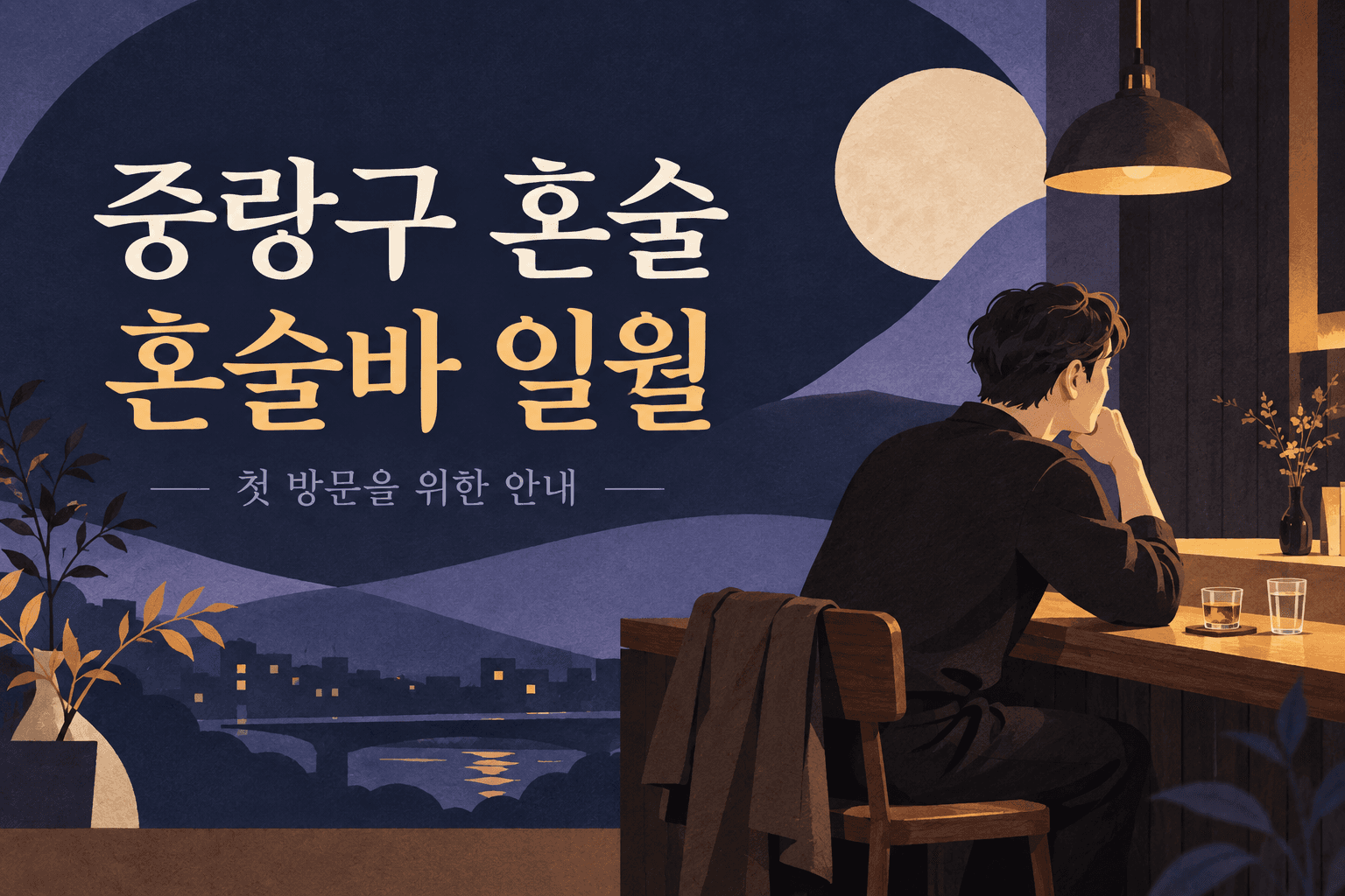 중랑구 혼술바 일월 첫 방문 안내 문구와 혼자 바에 앉은 성인을 그린 설명용 일러스트