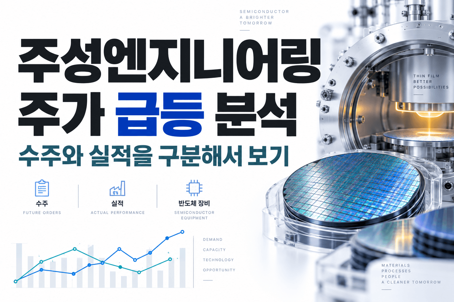 반도체 장비와 웨이퍼를 표현한 주성엔지니어링 분석 AI 생성 일러스트로 실제 장비나 주가 차트가 아닙니다