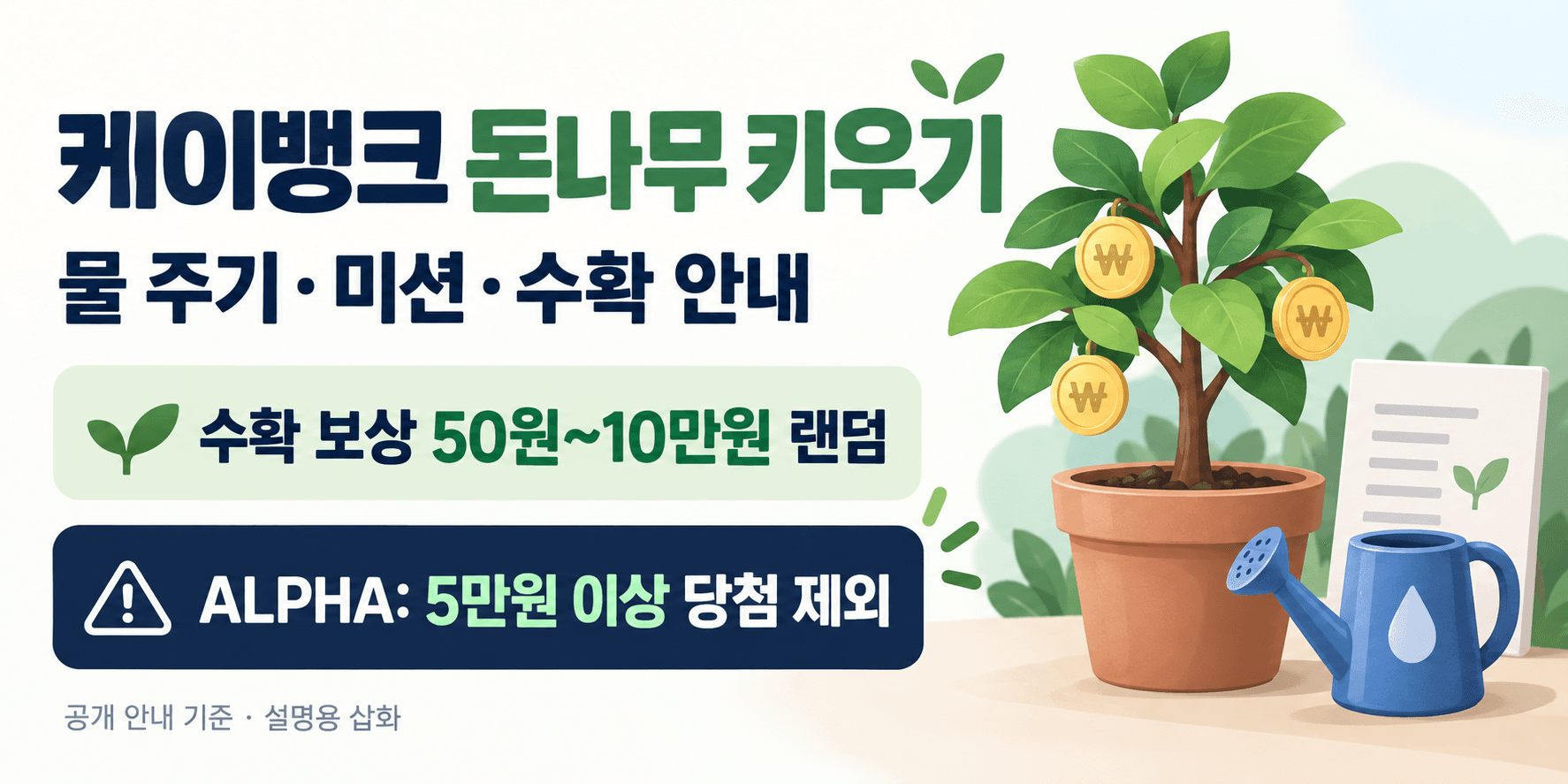 돈나무 물 주기·미션·랜덤 수확 보상과 ALPHA 5만원 이상 당첨 제외를 알리는 설명용 나무 삽화