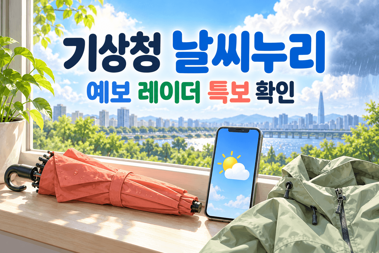 기상청 날씨누리 예보와 레이더 및 특보 확인을 주제로 우산과 겉옷을 표현한 AI 제작 개념 이미지이며 실제 기상청 화면이나 현재 날씨가 아님