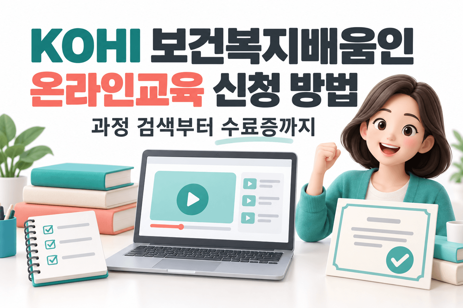 노트북 강의와 수료증으로 표현한 KOHI 보건복지배움인 온라인교육 AI 생성 안내 이미지