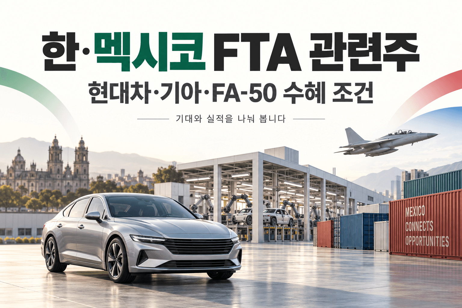 한·멕시코 FTA 관련주와 현대차·기아·FA-50 수혜 조건을 표현한 AI 생성 산업 일러스트로 실제 공장이나 수출 계약 사진은 아님