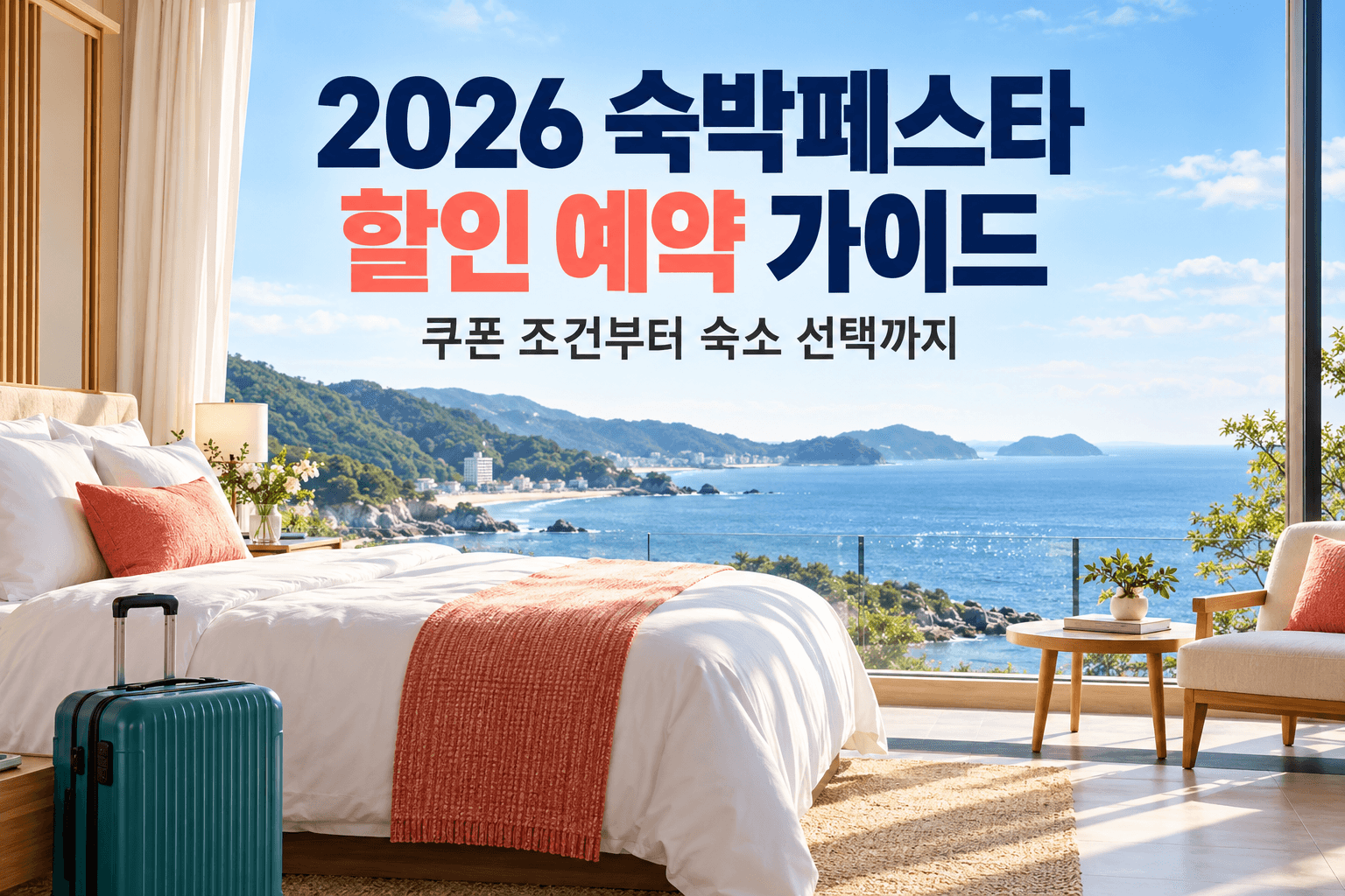 2026 숙박페스타 할인 예약 가이드를 안내하는 바다 전망 객실과 여행 가방의 AI 제작 개념 이미지