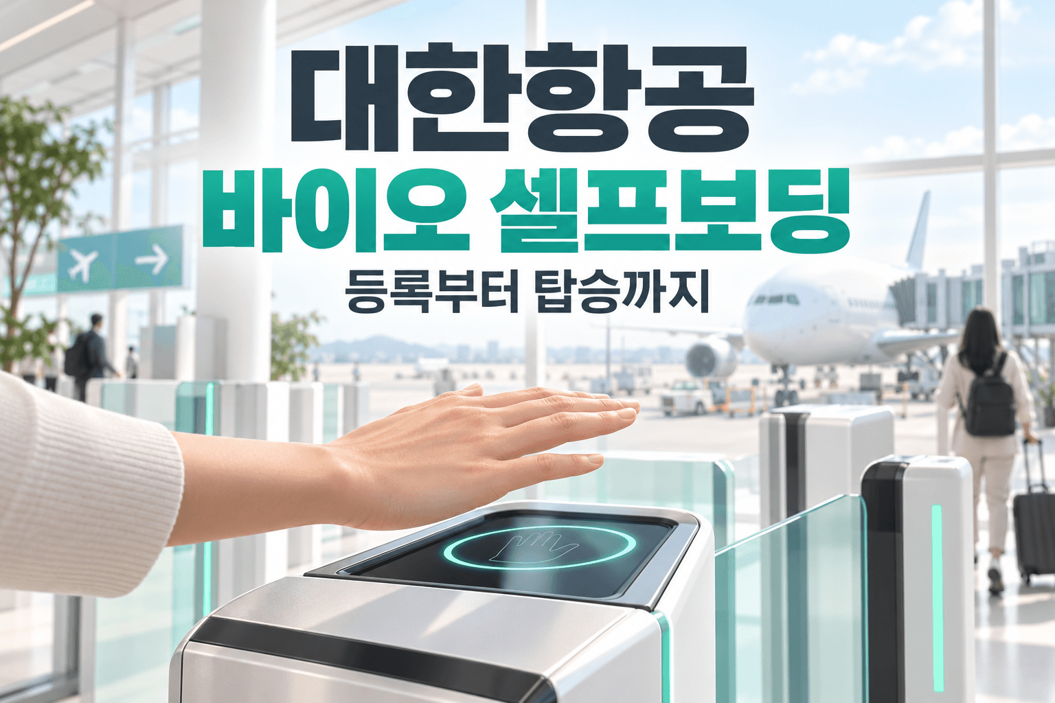 공항의 손바닥 인증 기기와 항공기로 표현한 대한항공 바이오 셀프보딩 AI 생성 안내 이미지