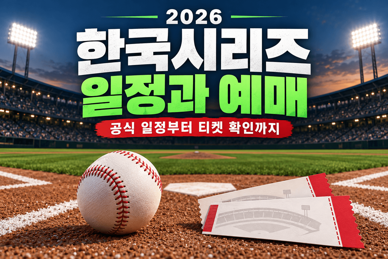 야구공과 관람 티켓 및 야간 야구장으로 한국시리즈 일정과 예매를 표현한 AI 제작 개념 이미지이며 실제 구장 사진이나 공식 포스터가 아닙니다