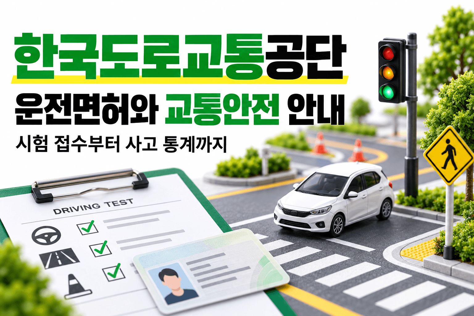 운전면허 시험과 도로교통 안전 및 교통사고 통계 안내를 표현한 AI 생성 이미지로 실제 공단 홍보물이 아닙니다