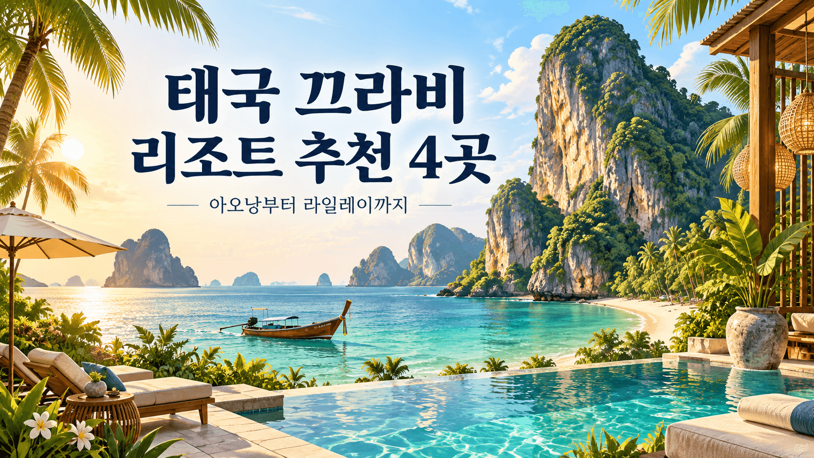 태국 끄라비 리조트 추천 4곳 제목과 석회암 절벽·바다·가상의 리조트 테라스를 표현한 AI 일러스트. 실제 숙소 사진 아님