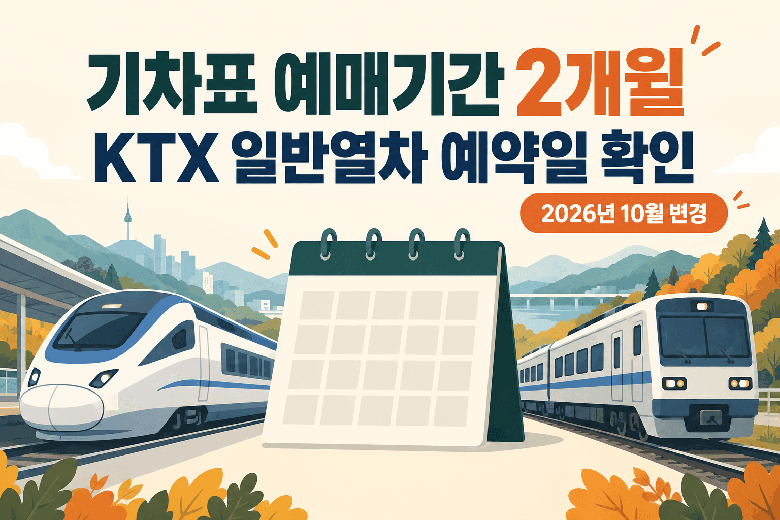 기차표 예매기간 2개월 KTX 일반열차 예약일 확인 문구와 두 종류의 열차 및 달력 일러스트