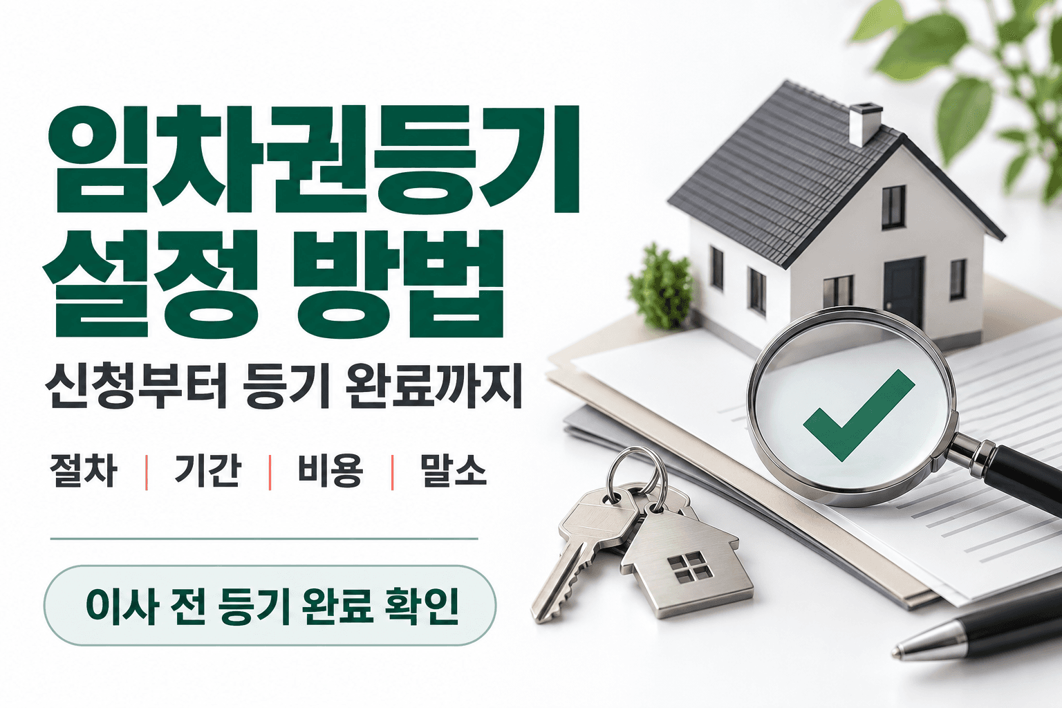 임차권등기 설정 방법과 이사 전 등기 완료 확인을 집 모형 및 서류와 열쇠로 표현한 AI 생성 썸네일