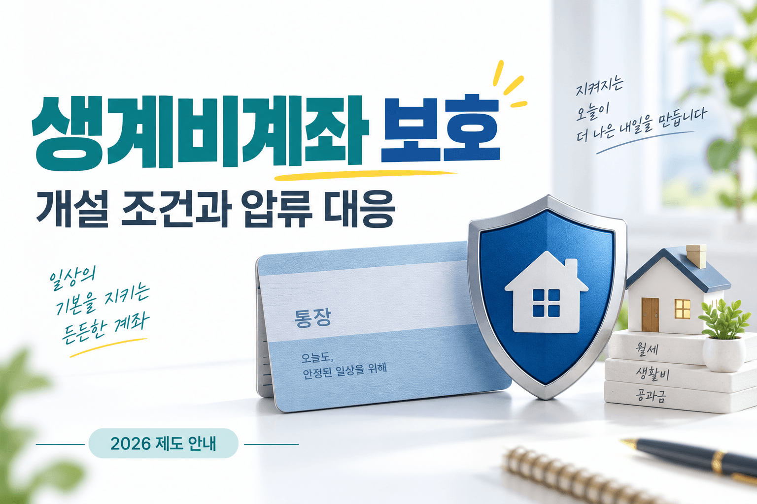 생계비계좌 보호와 개설 조건 및 압류 대응을 안내하는 통장과 방패 AI 생성 이미지로 실제 금융상품 사진이 아닙니다