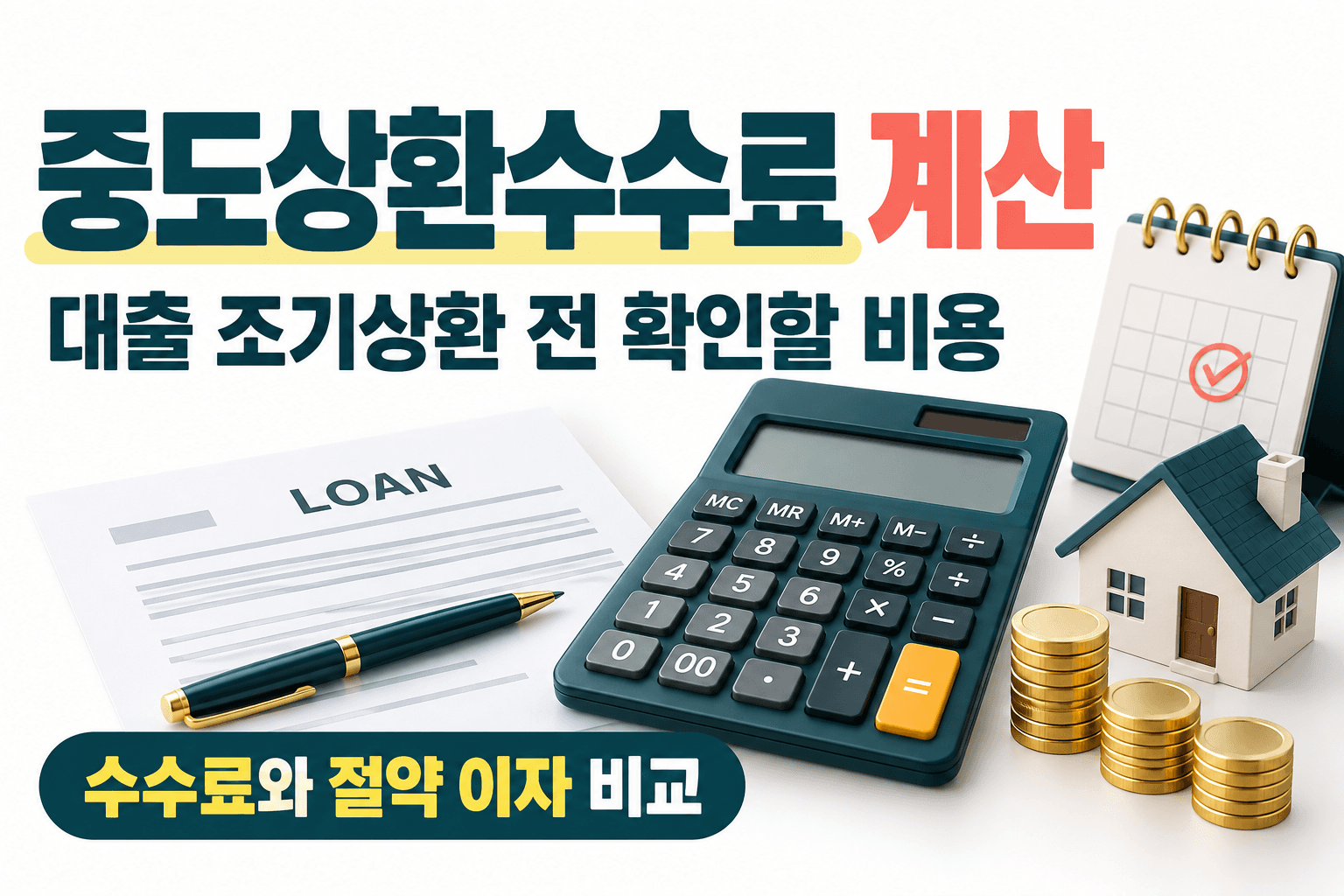 계산기와 대출 서류로 중도상환수수료와 이자 비교를 표현한 AI 생성 이미지