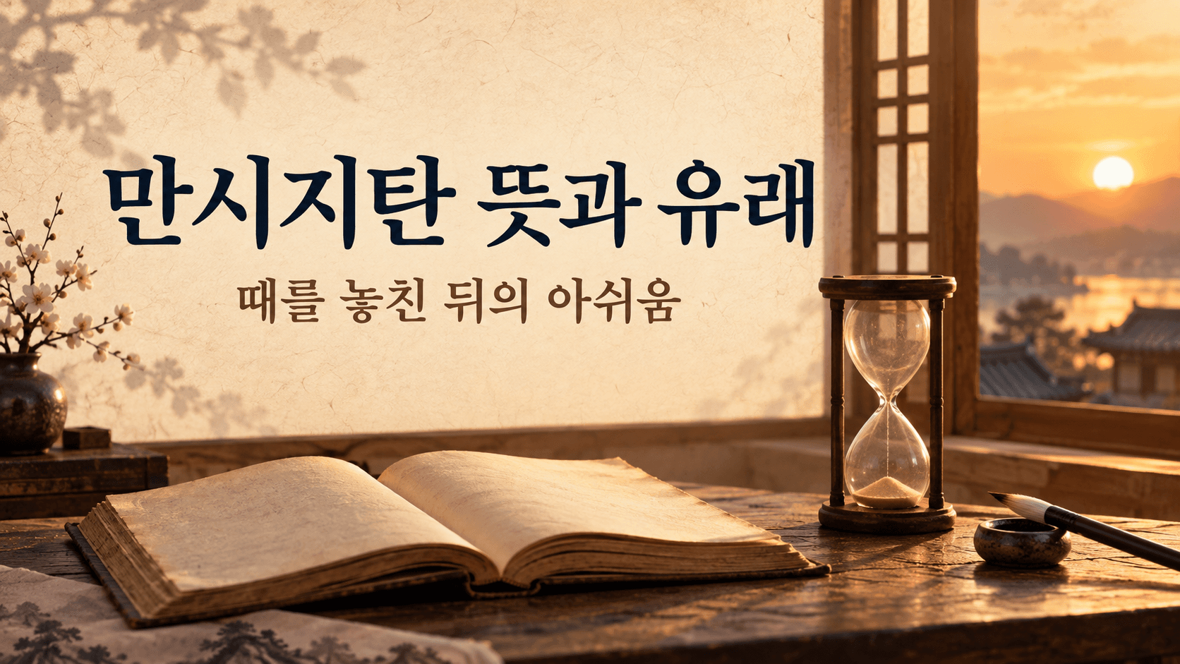 만시지탄 뜻과 유래를 설명하는 모래시계와 책, 노을이 담긴 썸네일