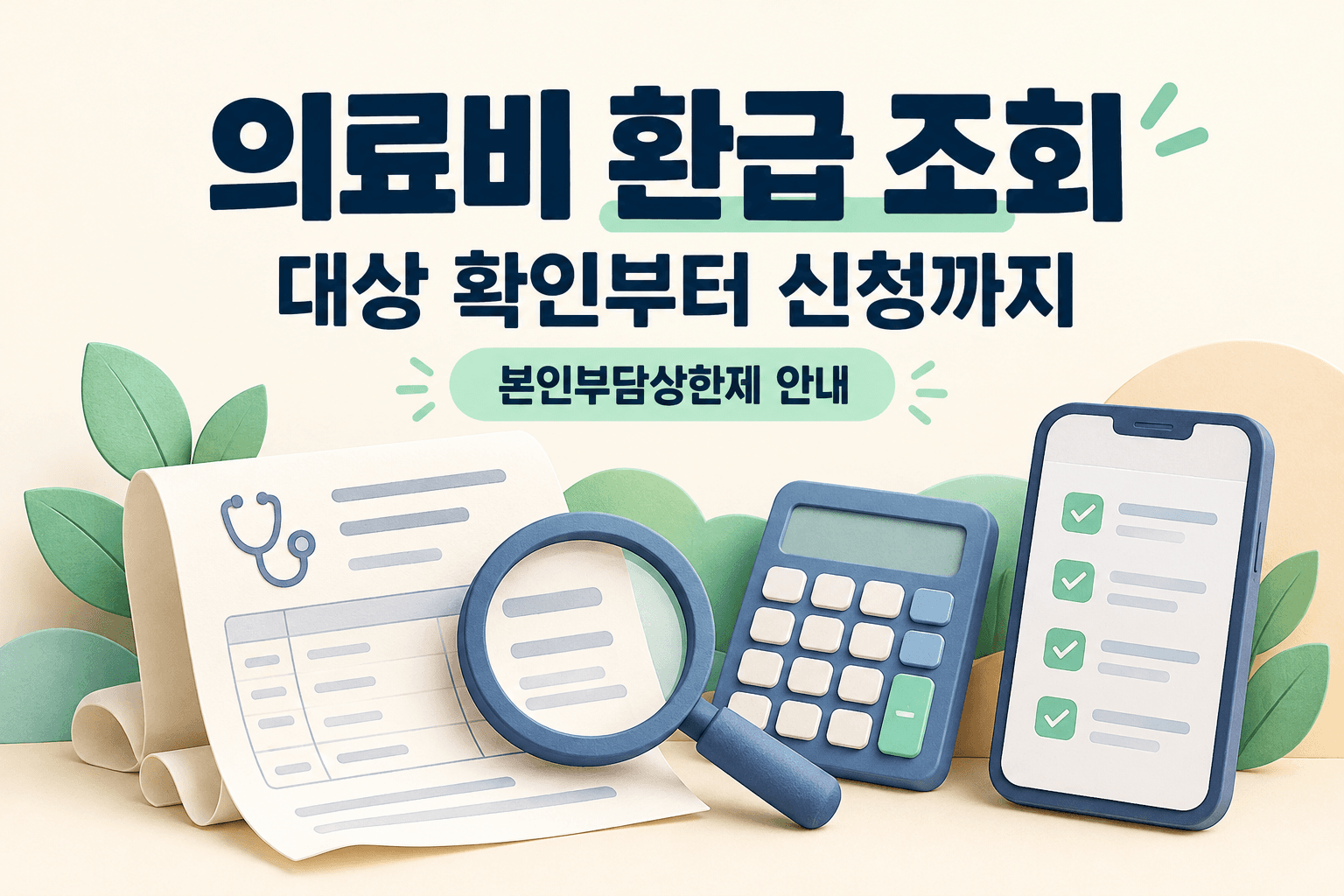 의료비 환급 조회 대상 확인부터 신청까지 문구와 영수증 돋보기 계산기 일러스트