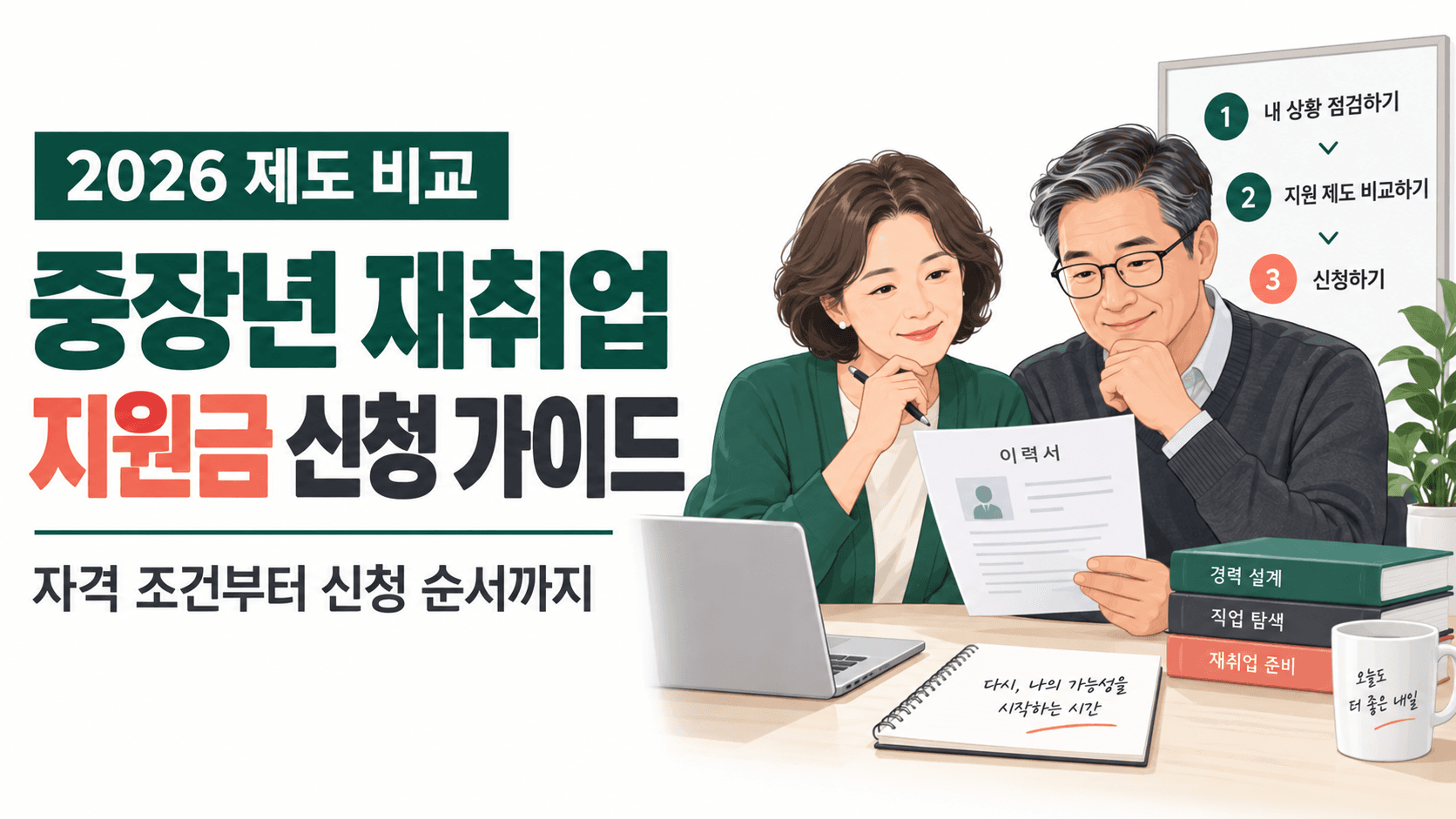 중장년 재취업 지원금 신청 가이드 2026 제도 비교와 이력서를 살펴보는 중장년 두 사람의 AI 생성 일러스트