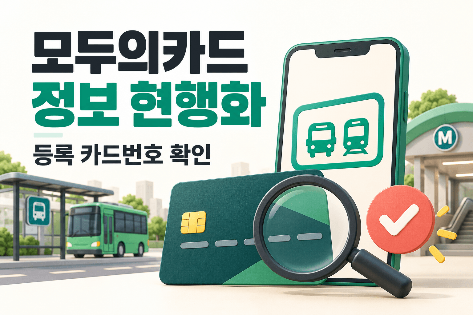 모두의카드 정보 현행화를 주제로 카드와 휴대폰 및 돋보기를 표현한 AI 제작 개념 이미지이며 실제 카드 디자인이나 앱 화면이 아님