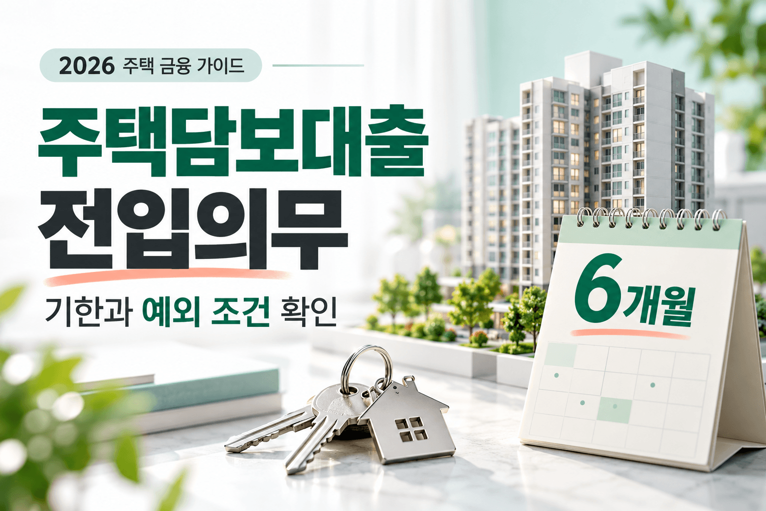 아파트 모형과 열쇠 및 6개월 달력으로 주택담보대출 전입의무와 예외 조건을 표현한 AI 생성 썸네일