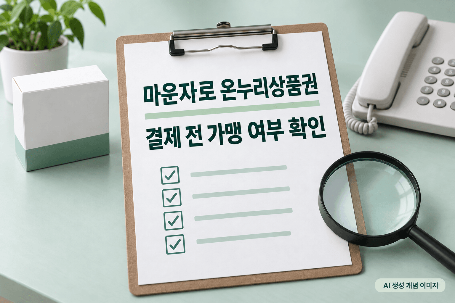 결제 전 가맹 여부 확인 문구와 체크리스트·전화기·일반 의약품 상자를 표현한 AI 생성 개념 이미지