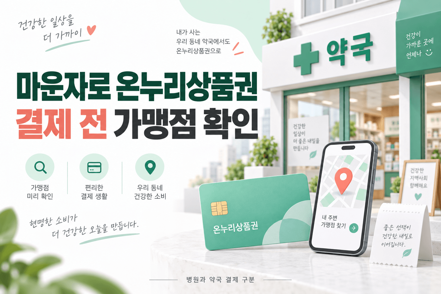 약국과 상품권 결제 확인을 표현한 AI 생성 이미지로 실제 가맹점이나 공식 앱 화면이 아님