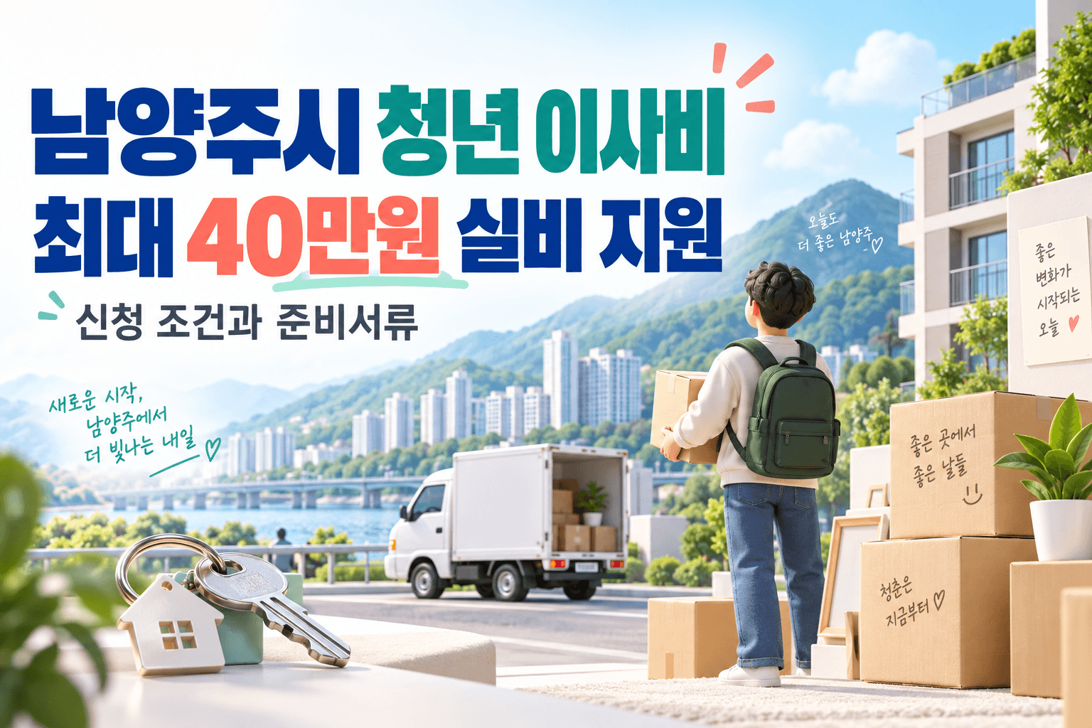 남양주시 청년 이사비 최대 40만원 실비 지원과 신청서류를 이삿짐과 주택으로 표현한 AI 생성 이미지