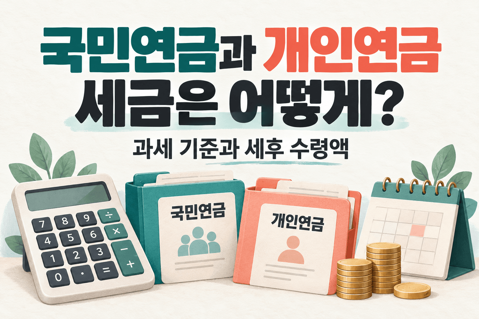 국민연금과 개인연금 세금을 주제로 계산기와 연금 자료 및 달력을 표현한 AI 제작 개념 이미지이며 실제 금융앱이나 공문서가 아닙니다
