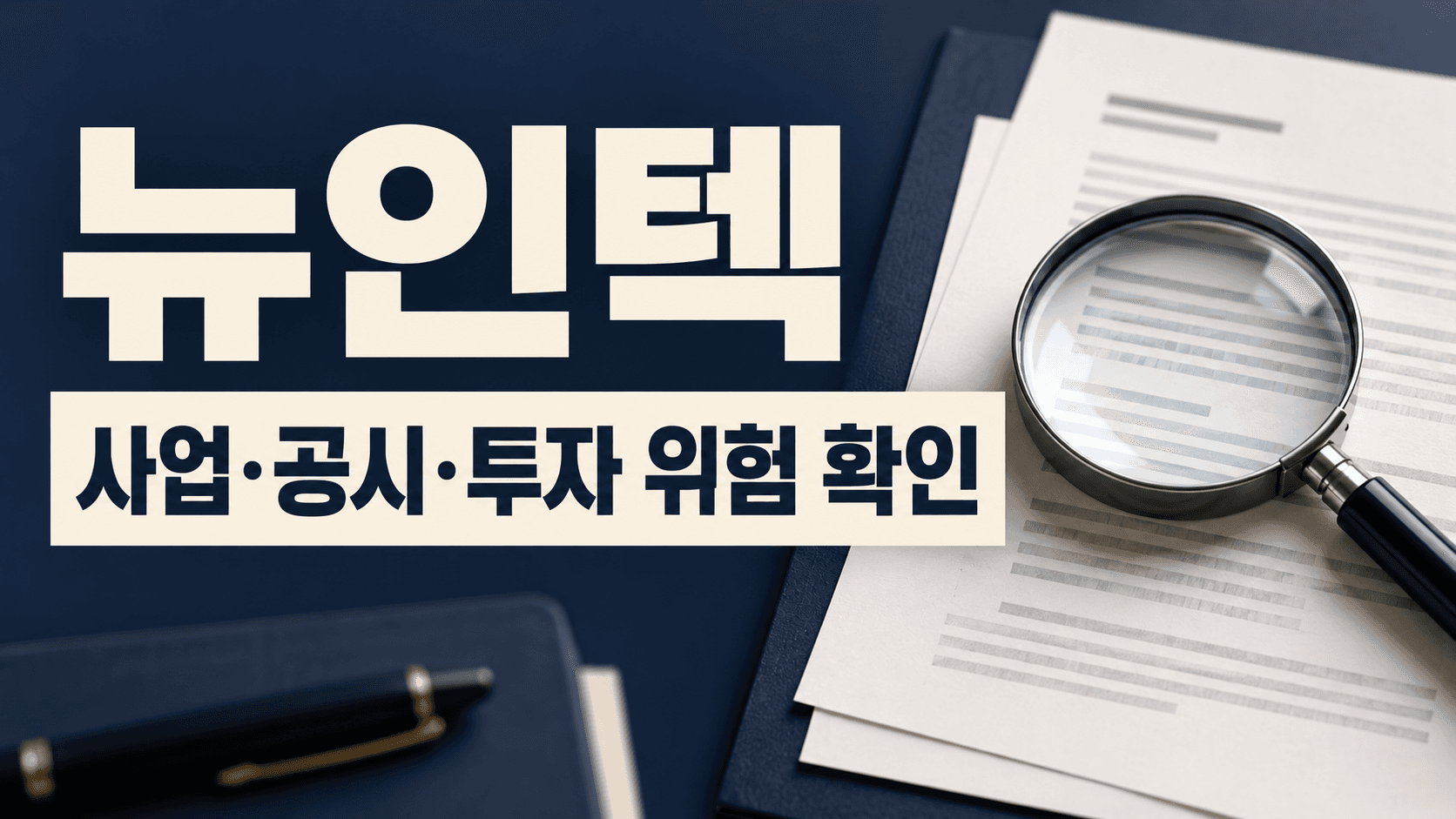 뉴인텍 사업·공시·투자 위험 확인 안내, 문서와 돋보기 삽화