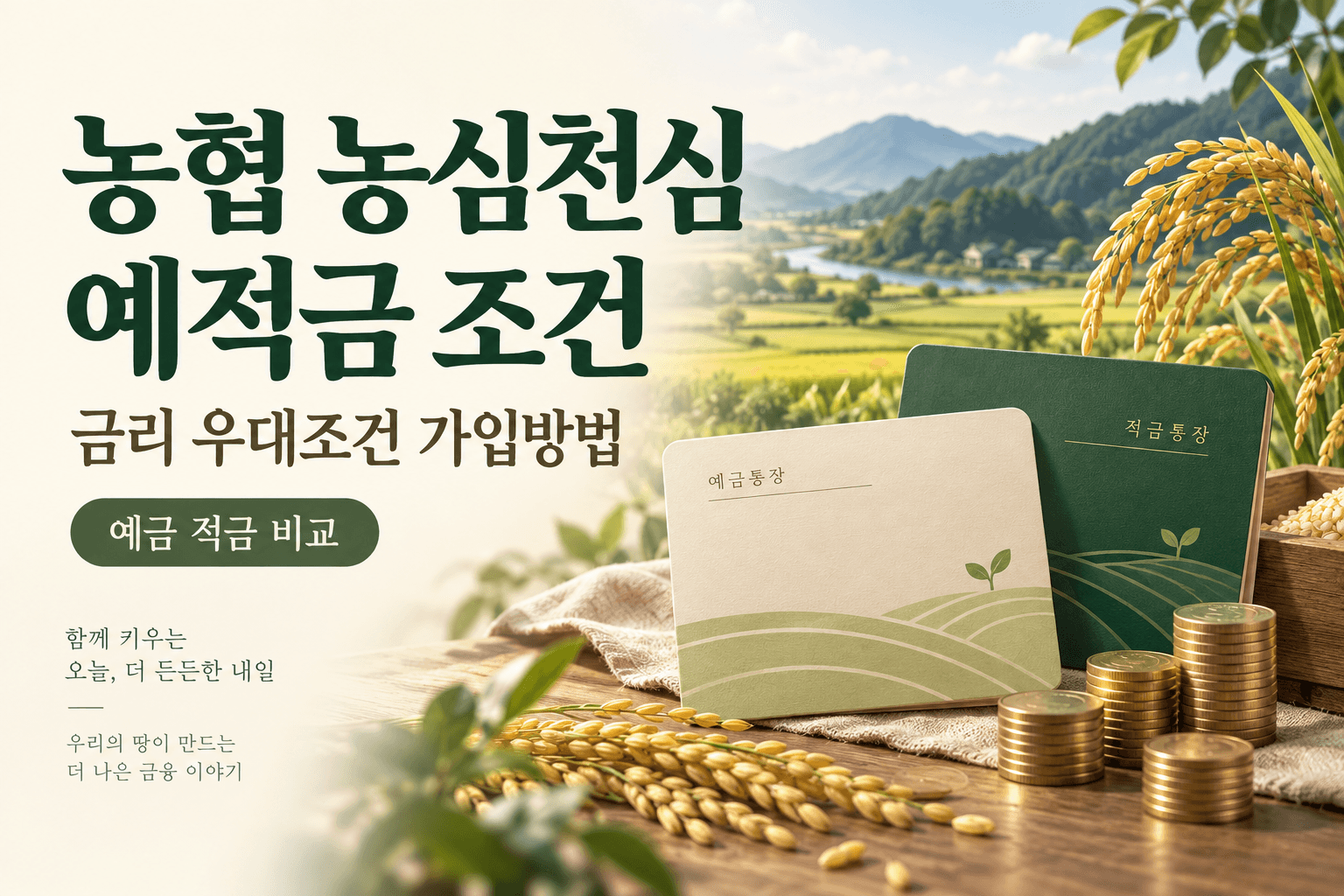 벼와 예금 적금 통장을 배경으로 농협 농심천심 예적금 조건을 안내하는 AI 제작 썸네일