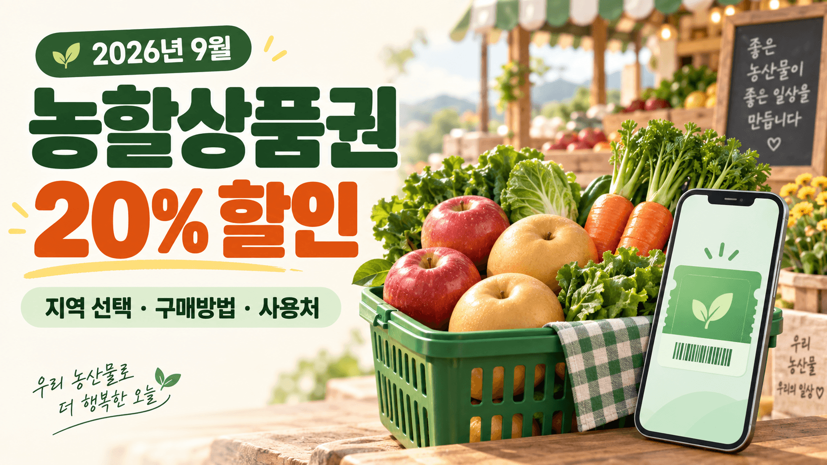 2026년 9월 농할상품권 20% 할인 제목과 사과·배·채소 장바구니 및 모바일상품권을 표현한 썸네일