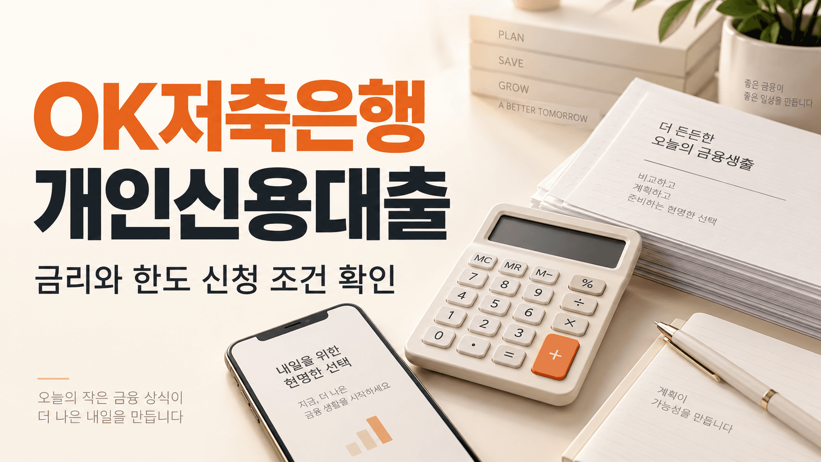 OK저축은행 개인신용대출 금리와 한도 신청 조건을 안내하는 계산기와 서류 썸네일