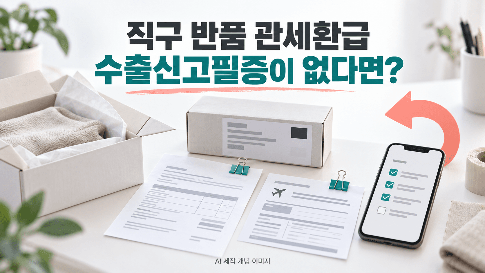 해외직구 반품 상자와 주문 및 운송 증빙을 표현한 AI 제작 개념 이미지이며 실제 세관 서류가 아님