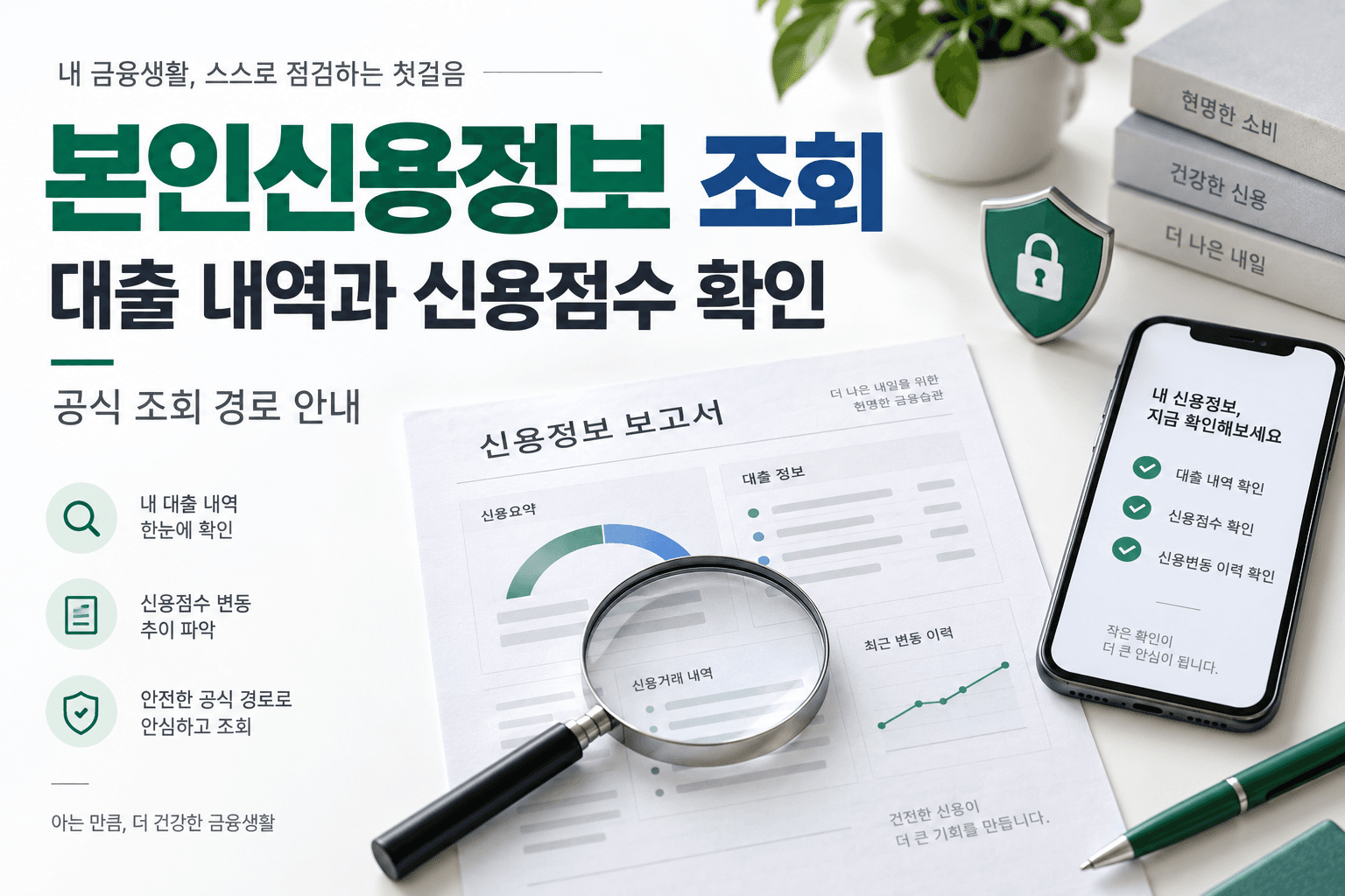본인신용정보 조회와 대출 내역 및 신용점수 확인을 소개하는 AI 생성 썸네일로 실제 서비스 화면이 아닙니다