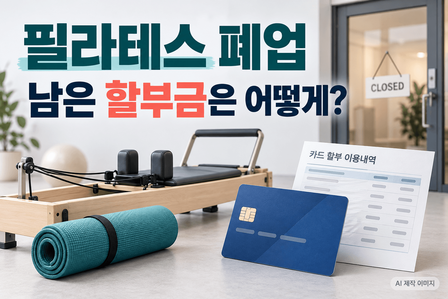 필라테스 기구와 신용카드 및 할부내역 서류를 표현한 AI 제작 개념 이미지