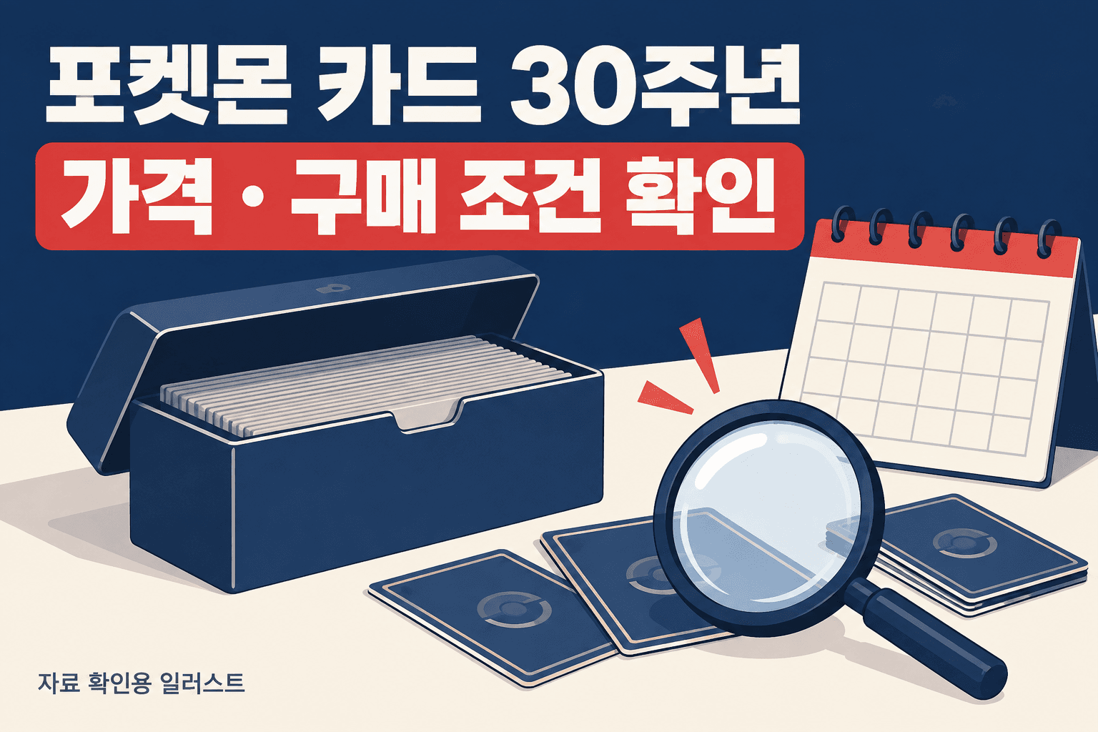 포켓몬 카드 30주년 가격과 구매 조건 확인을 안내하는 카드 보관함·달력·돋보기 자료 확인용 일러스트