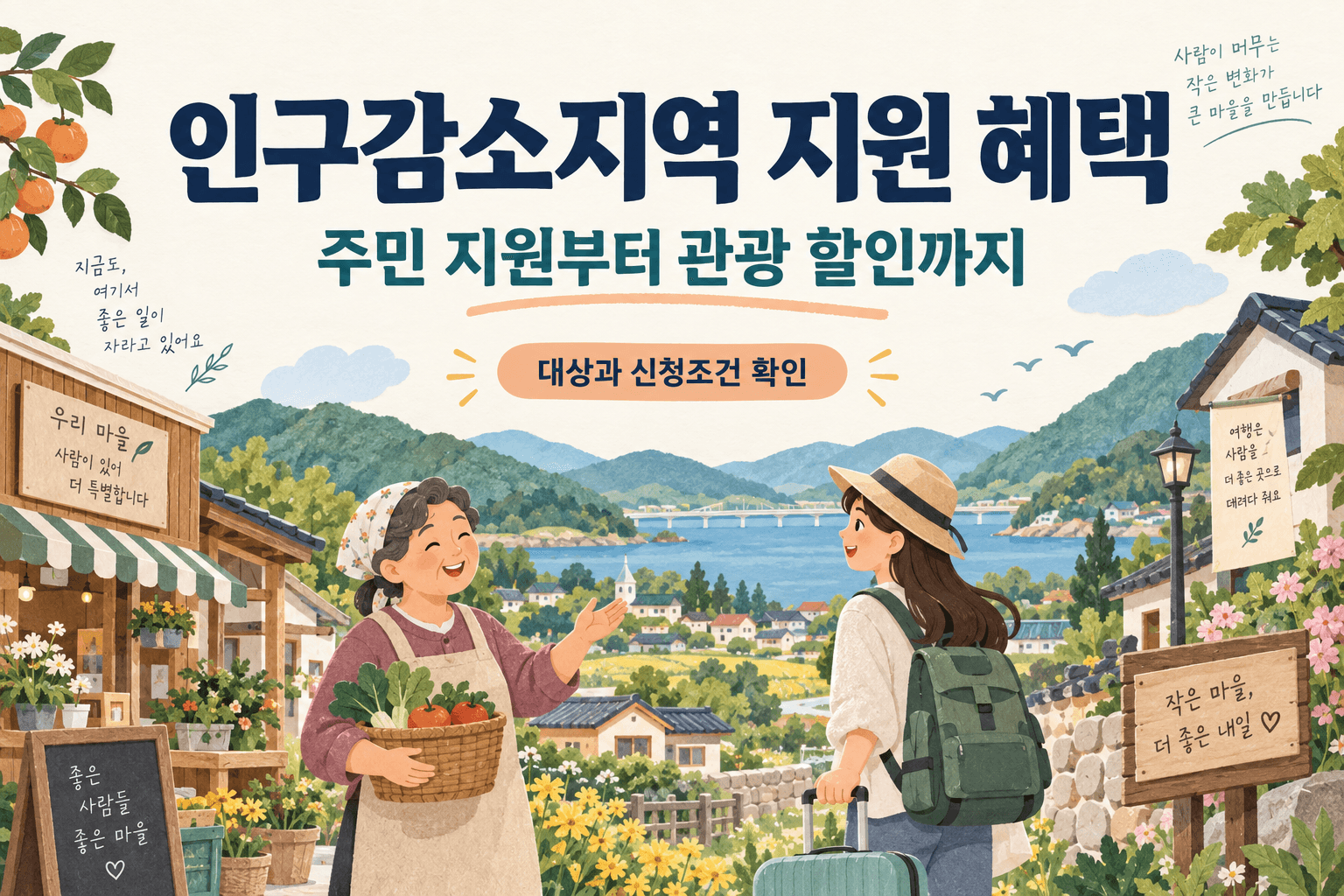 인구감소지역 지원 혜택 주민 지원부터 관광 할인까지 문구와 마을 주민 및 여행객 일러스트