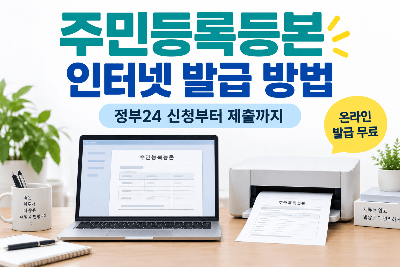 주민등록등본 인터넷 발급 방법을 안내하는 노트북과 프린터의 AI 생성 이미지이며 실제 정부24 화면이 아닙니다