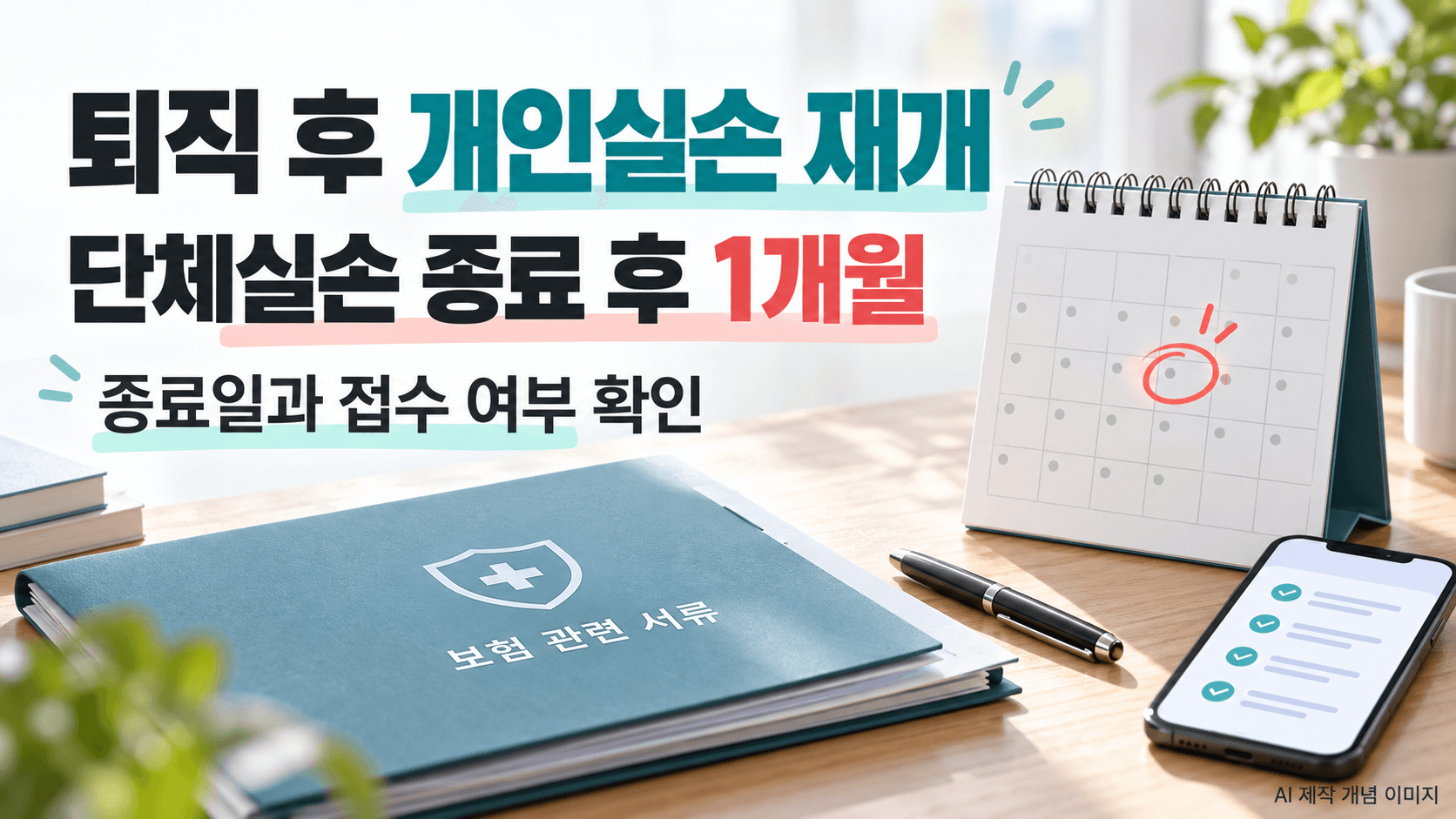 개인실손 재개 신청기한을 확인하는 달력과 계약 서류 AI 제작 개념 이미지