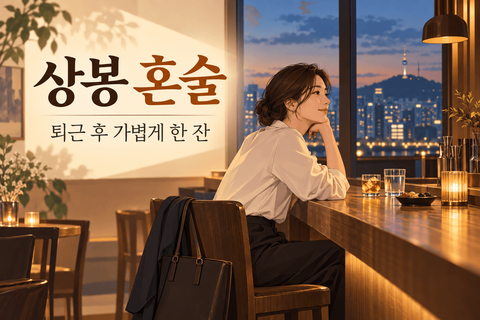 상봉 혼술 퇴근 후 가볍게 한 잔 문구와 바에 혼자 앉은 성인 직장인을 그린 설명용 일러스트