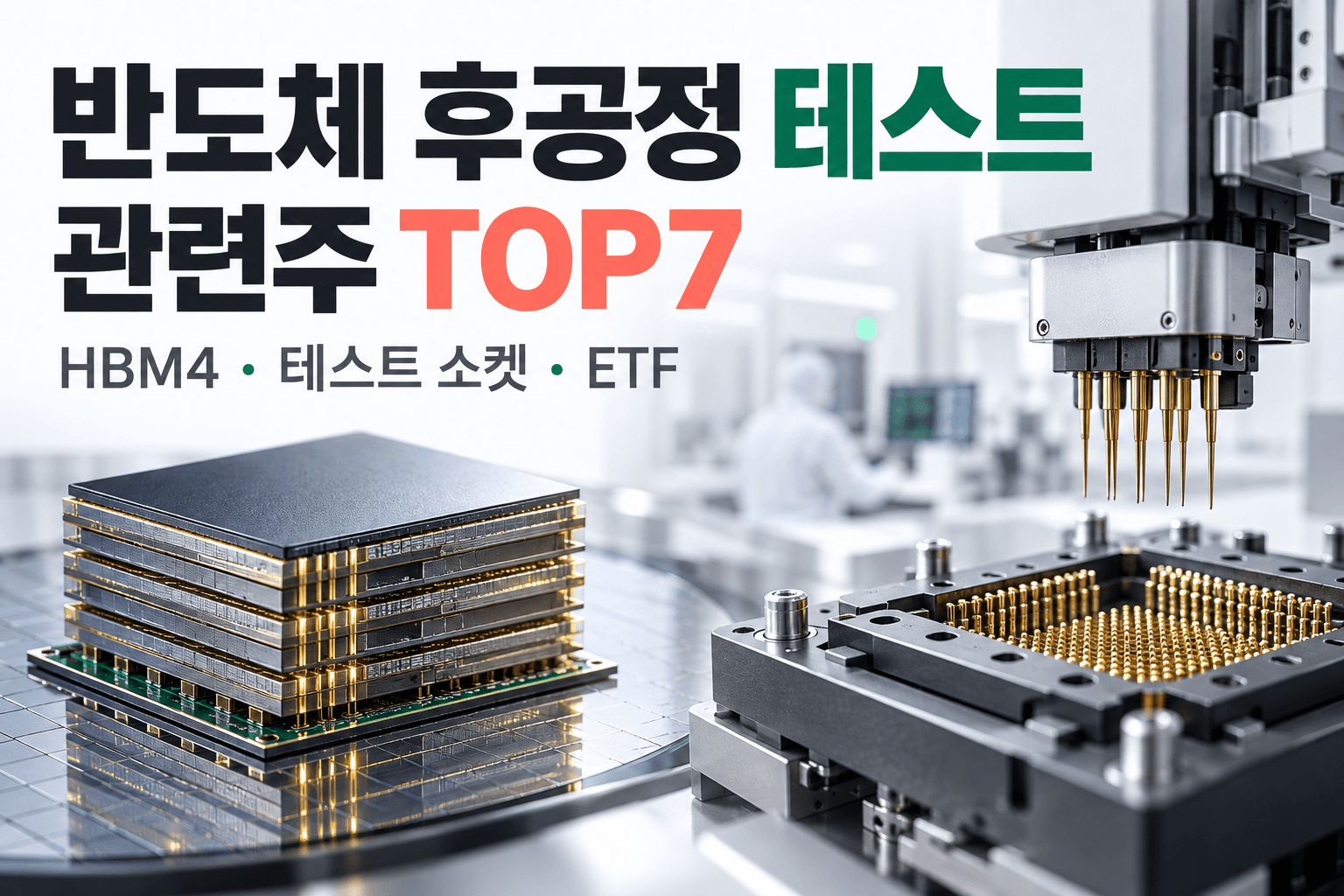 반도체 후공정 테스트 관련주 TOP7과 HBM4·테스트 소켓·ETF를 소개하는 AI 생성 반도체 검사 개념 이미지
