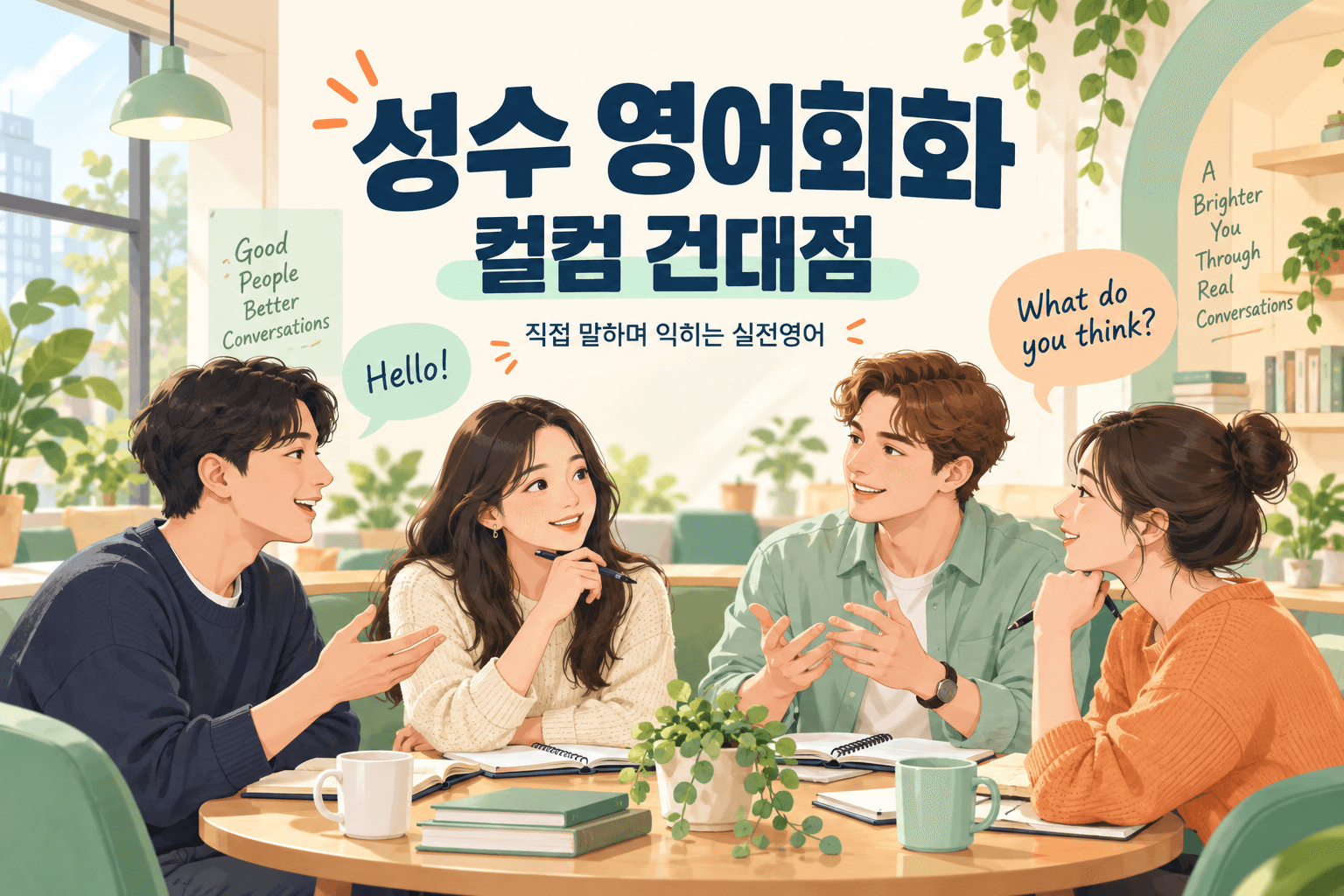 성수 영어회화 컬컴 건대점 소개를 위한 성인들의 영어 대화 스터디 일러스트