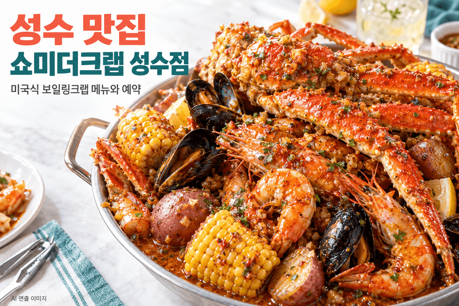 쇼미더크랩 성수점 방문 가이드를 위한 미국식 보일링크랩 AI 연출 이미지로 실제 메뉴 사진이 아님