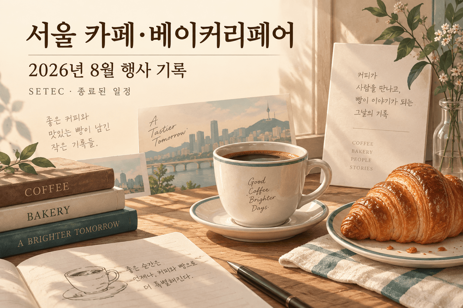 2026년 8월 SETEC 종료 행사 기록 문구와 커피·크루아상을 표현한 AI 설명용 이미지